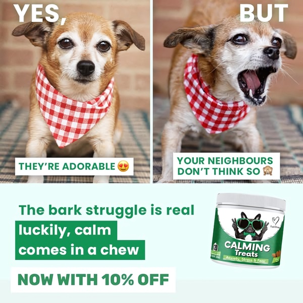 A split-screen comparison showing a dog behaving calmly versus barking, highlighting the product as a solution to pet anxiety.